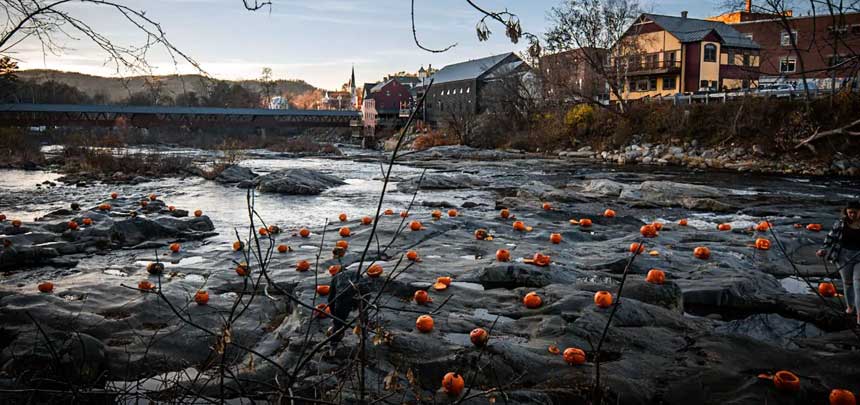 lit pumpkins set on the rocks on the Ammonoosuc River